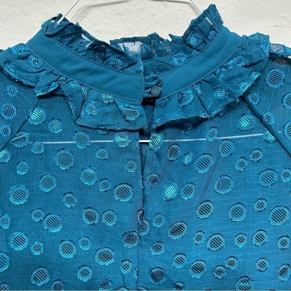 Dark ocean green jacquard-ruffle collar  Blouse Size L - Picture 8 of 10